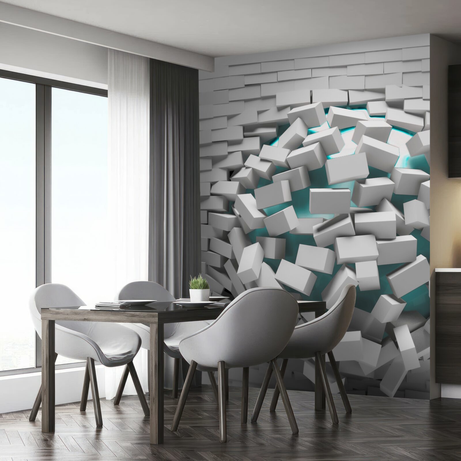 Fotobehang witgeverfde bakstenen bladderen af