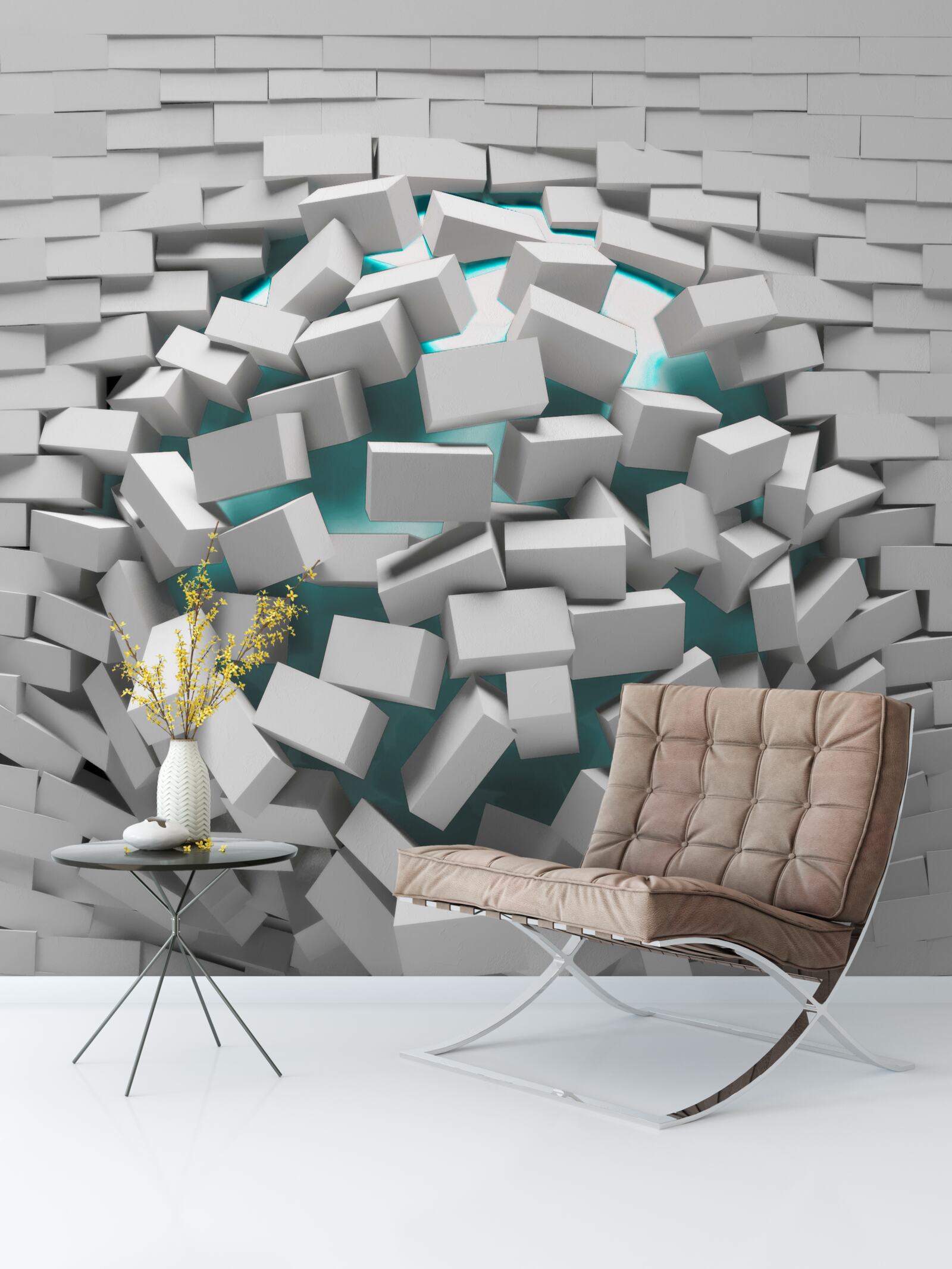 Fotobehang witgeverfde bakstenen bladderen af