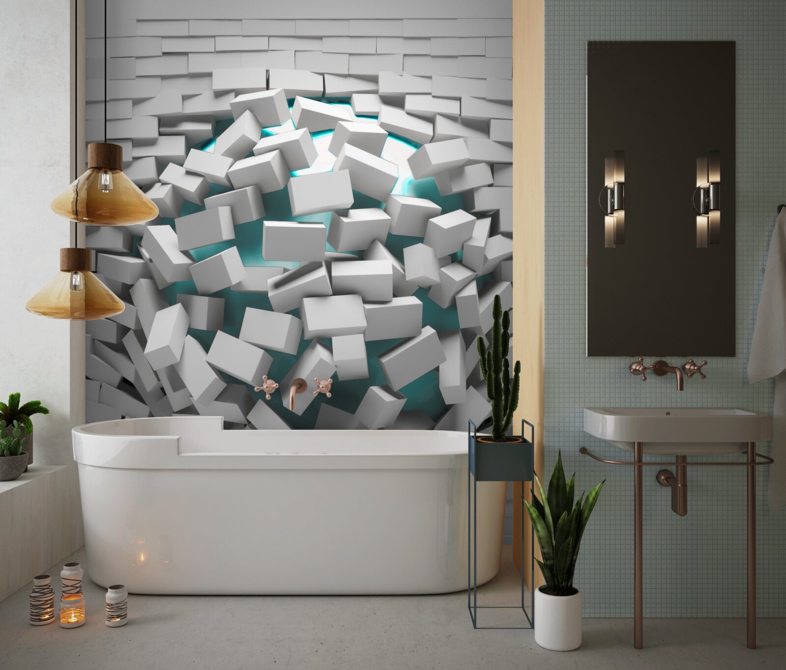 Fotobehang witgeverfde bakstenen bladderen af