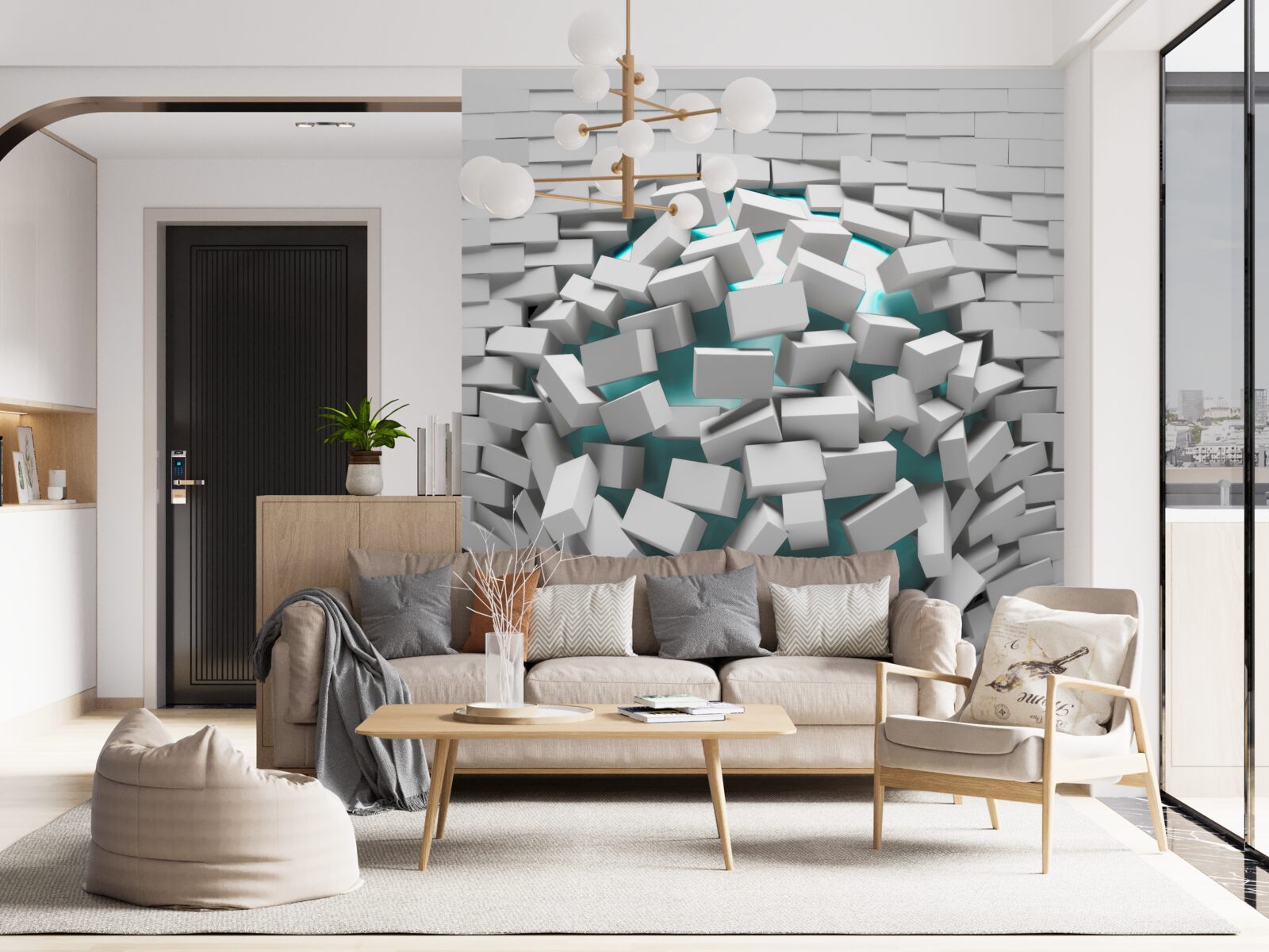 Fotobehang witgeverfde bakstenen bladderen af