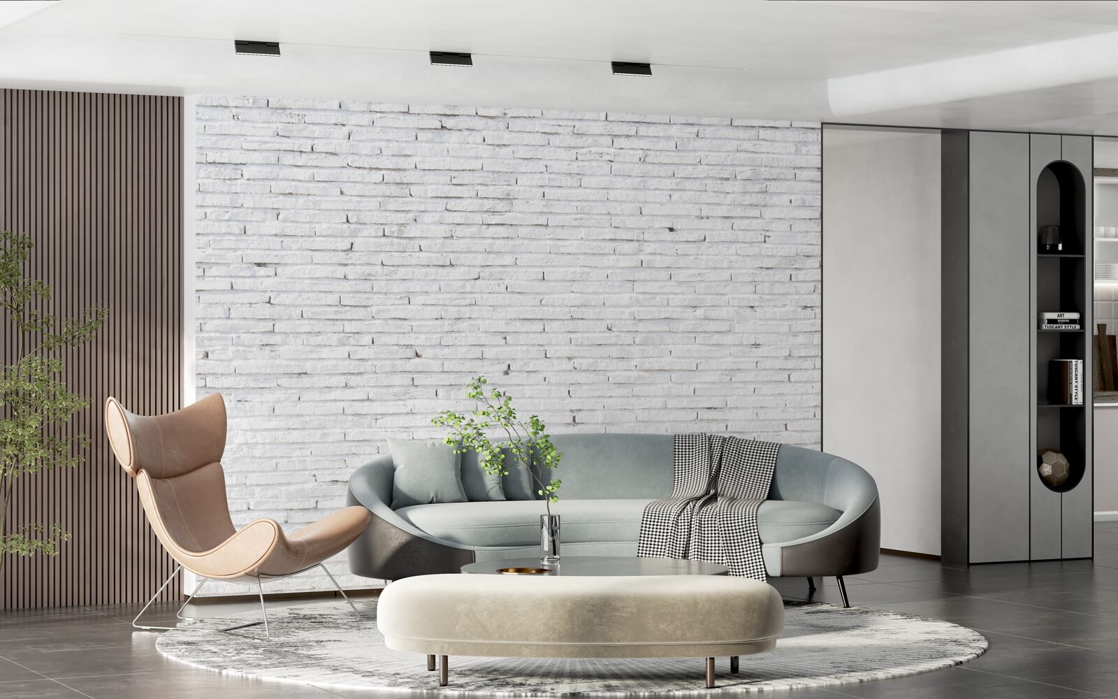 Fotobehang De muur is van baksteen, met een perfecte witte