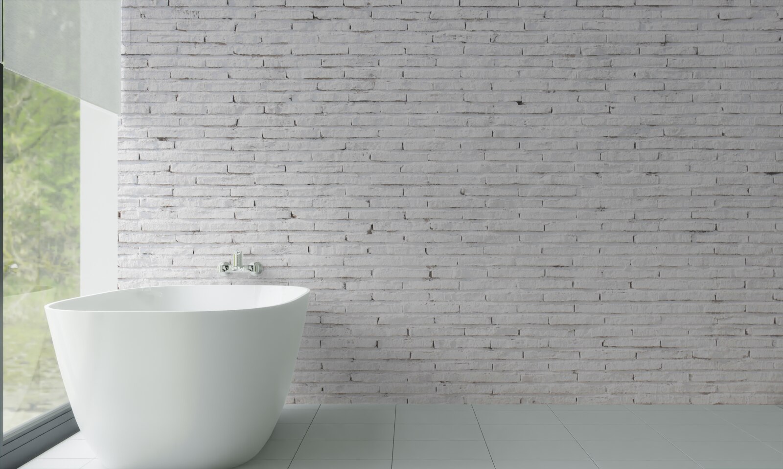 Fotobehang De muur is van baksteen, met een perfecte witte