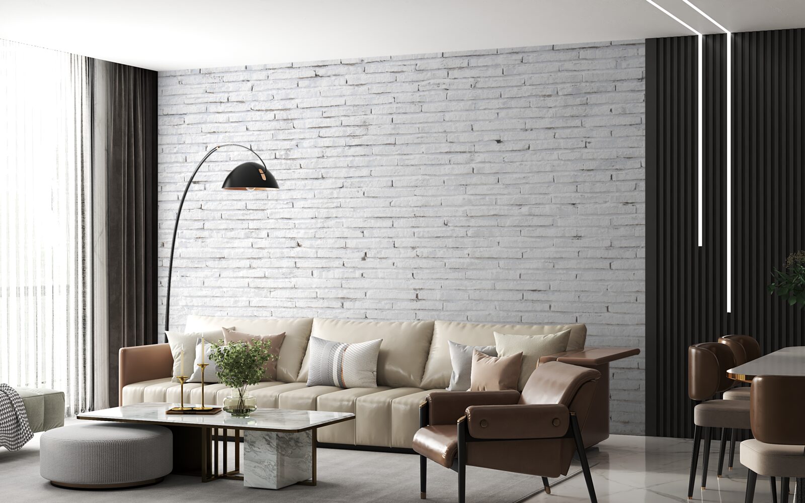 Fotobehang De muur is van baksteen, met een perfecte witte