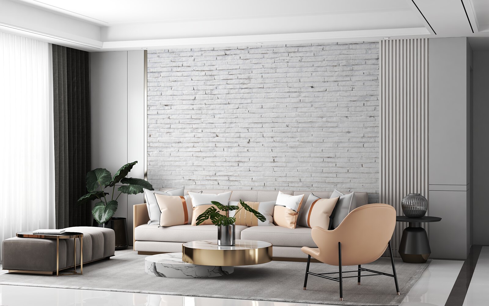 Fotobehang De muur is van baksteen, met een perfecte witte