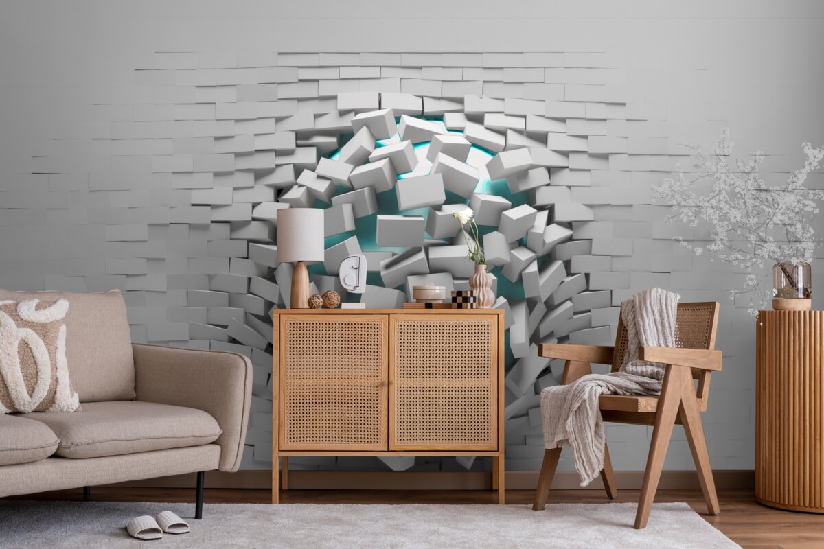 Fotobehang kolossaal gat in een bakstenen muur