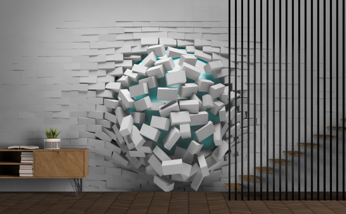 Fotobehang kolossaal gat in een bakstenen muur