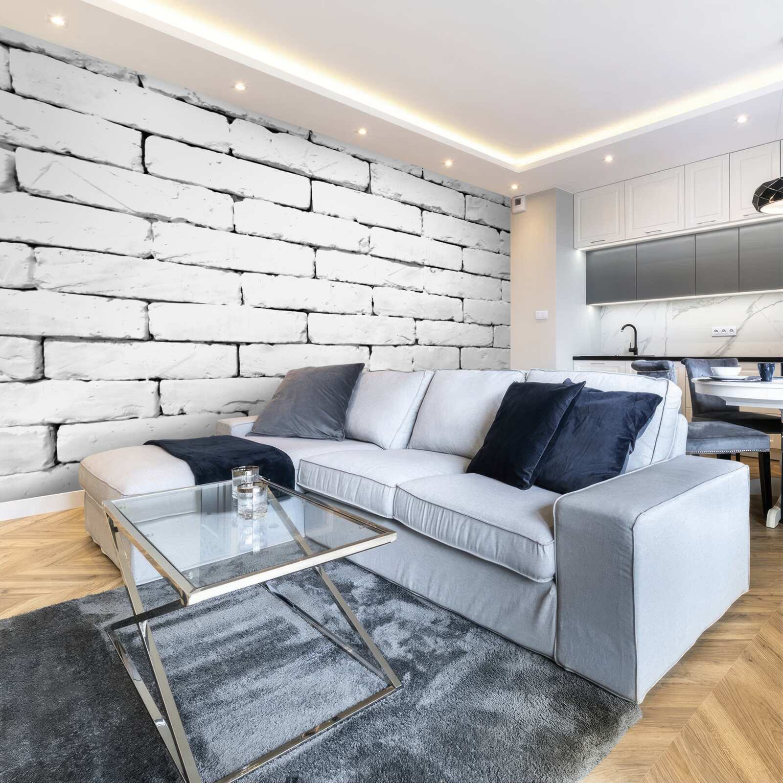 Fotobehang Bakstenen muur, zorgvuldig bewerkt in wit