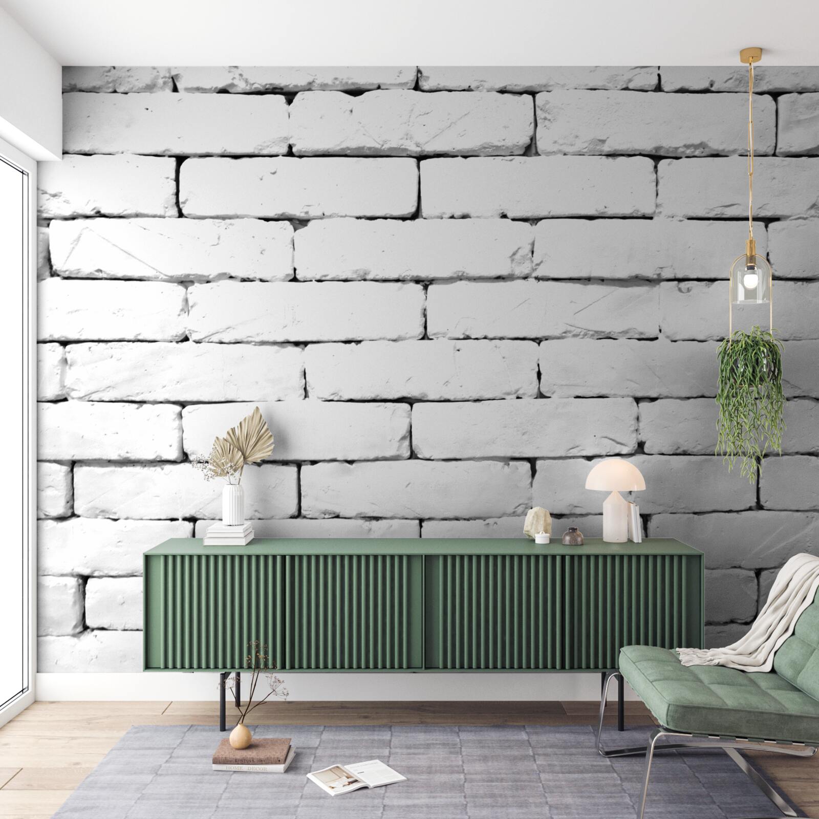 Fotobehang Bakstenen muur, zorgvuldig bewerkt in wit