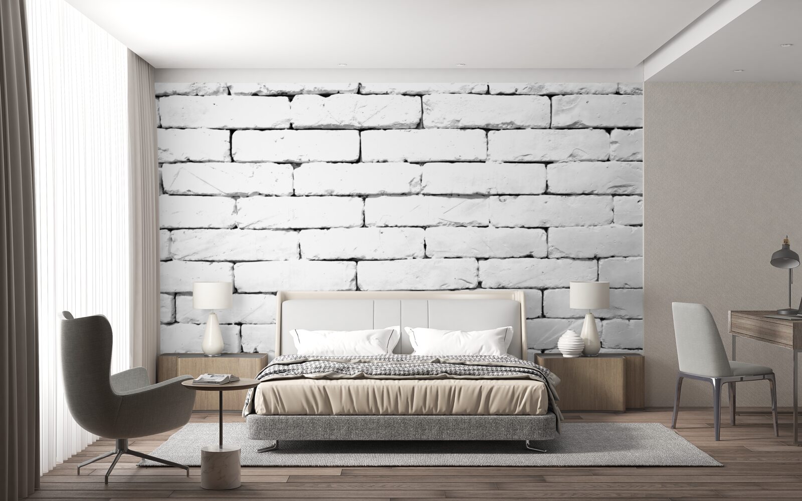 Fotobehang Bakstenen muur, zorgvuldig bewerkt in wit