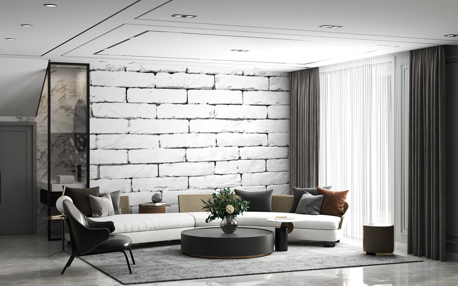 Fotobehang Bakstenen muur, zorgvuldig bewerkt in wit