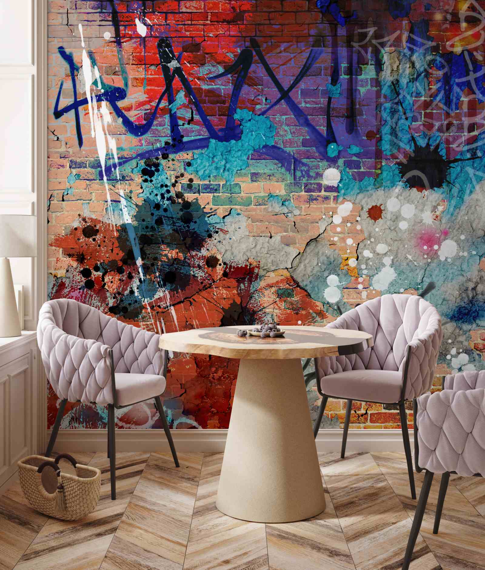 Fotobehang veelkleurig graffitipatroon op een rode bakstenen muur