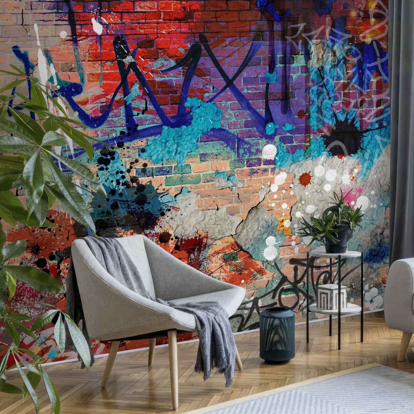 Fotobehang veelkleurig graffitipatroon op een rode bakstenen muur