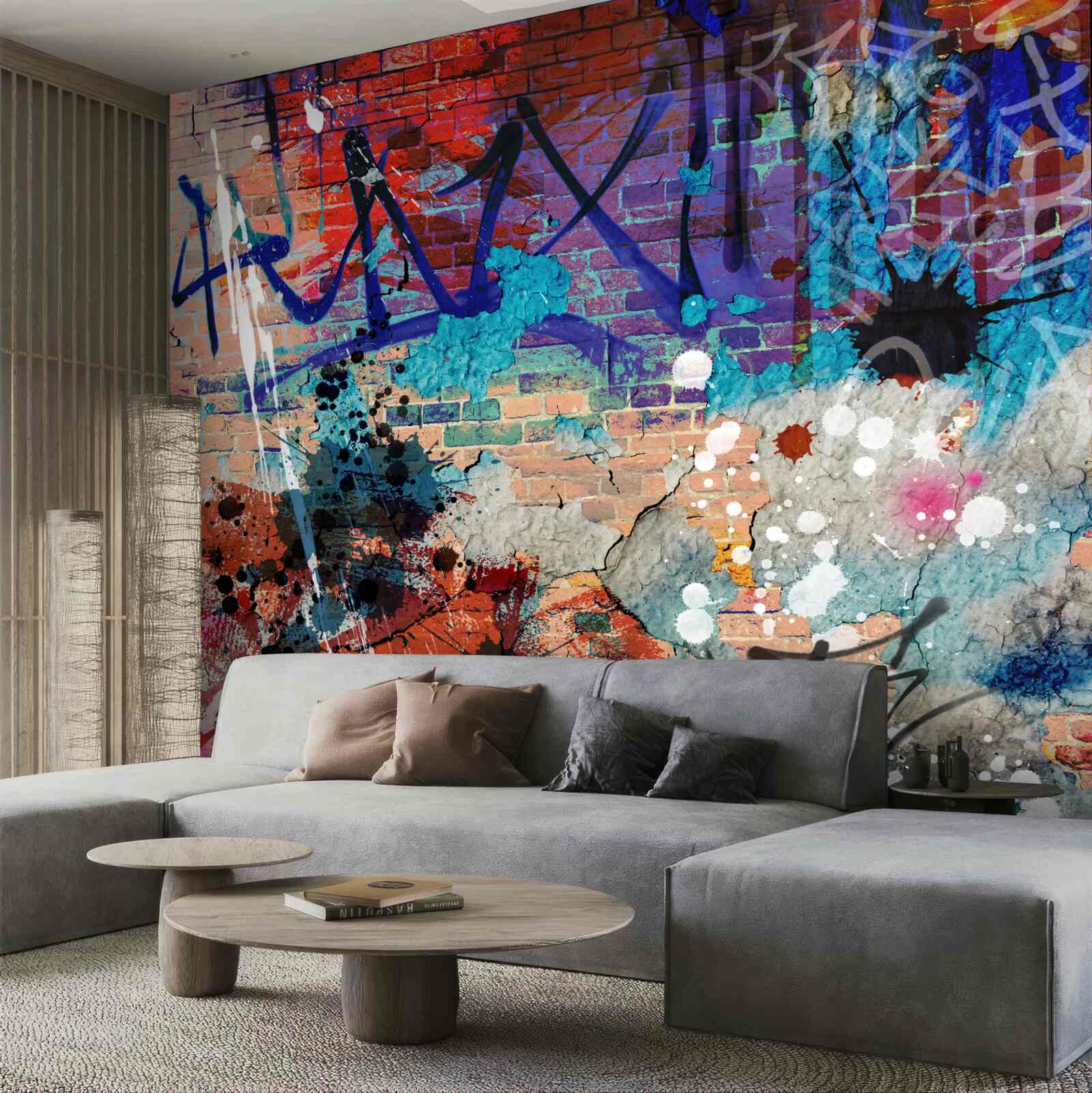 Fotobehang veelkleurig graffitipatroon op een rode bakstenen muur