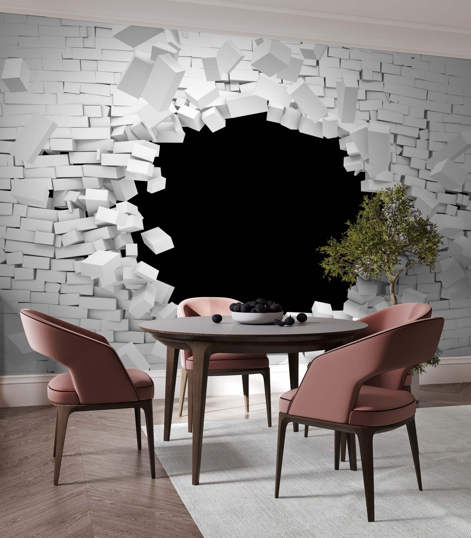 Fotobehang donker gat in een lichte bakstenen muur