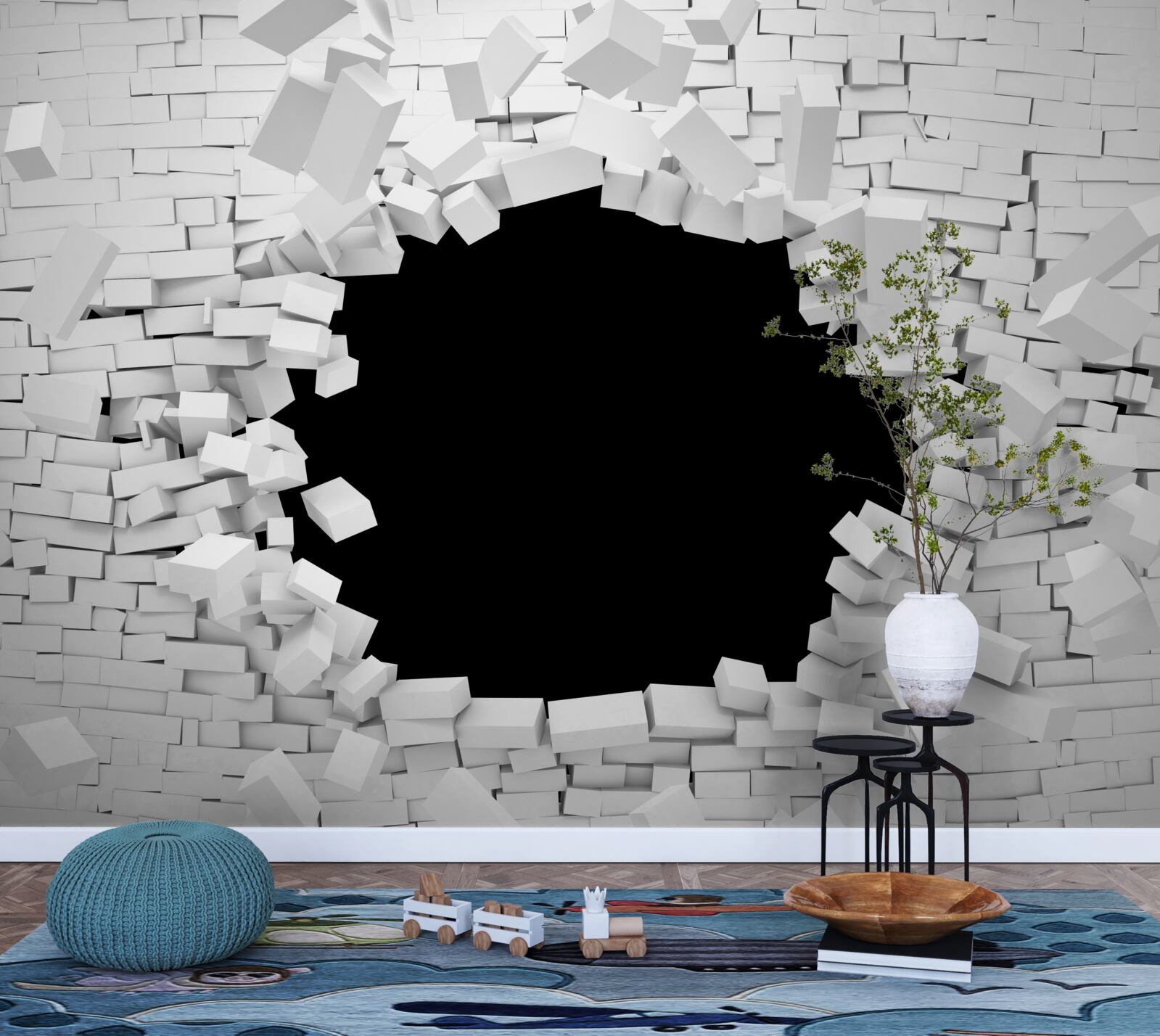 Fotobehang donker gat in een lichte bakstenen muur