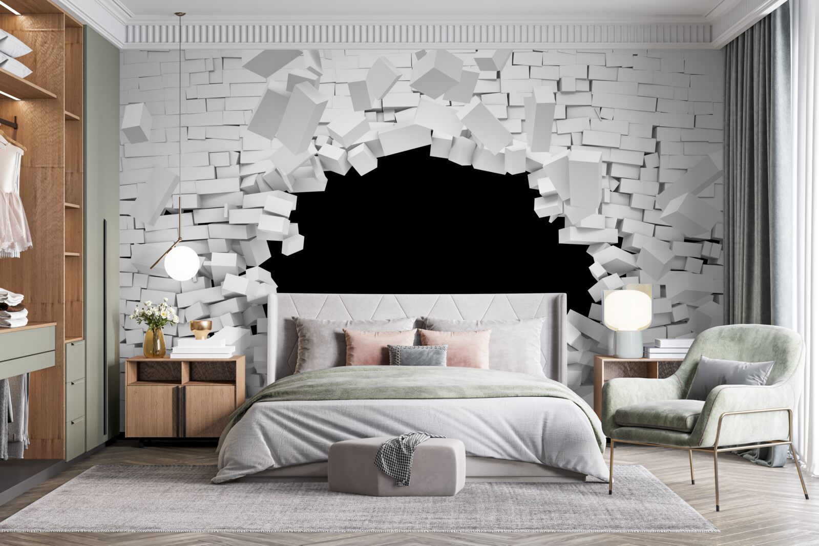 Fotobehang donker gat in een lichte bakstenen muur