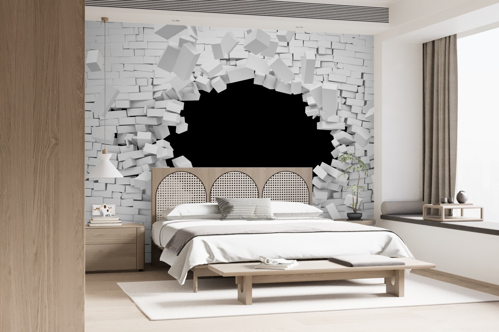 Fotobehang donker gat in een lichte bakstenen muur