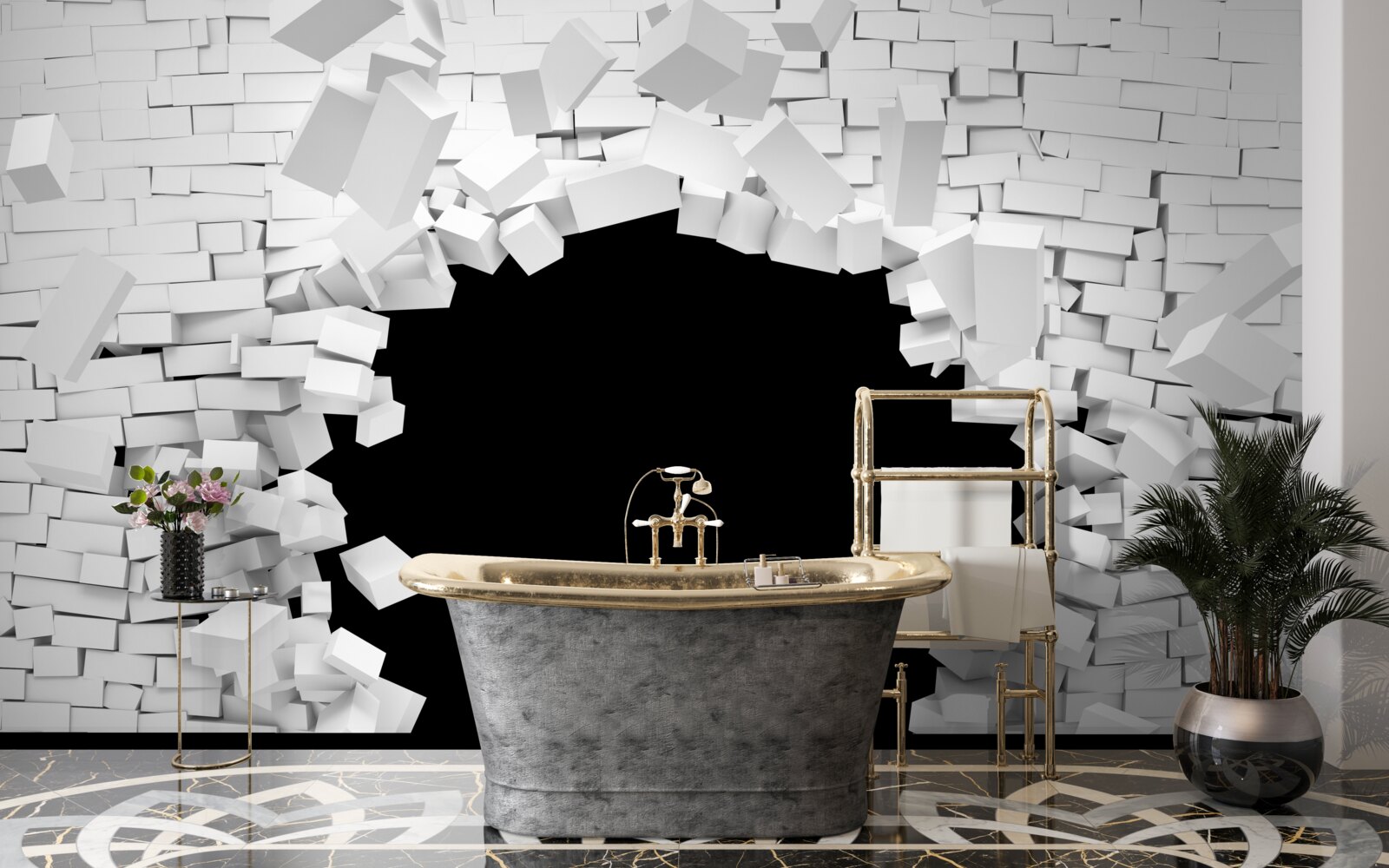 Fotobehang donker gat in een lichte bakstenen muur