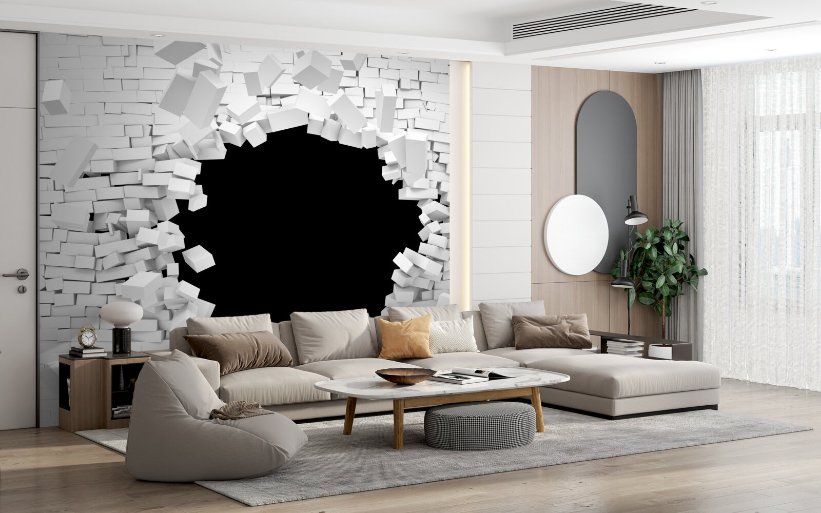 Fotobehang donker gat in een lichte bakstenen muur