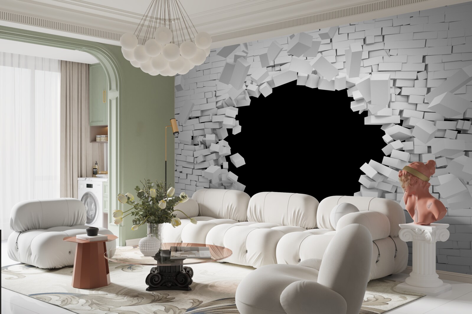 Fotobehang donker gat in een lichte bakstenen muur