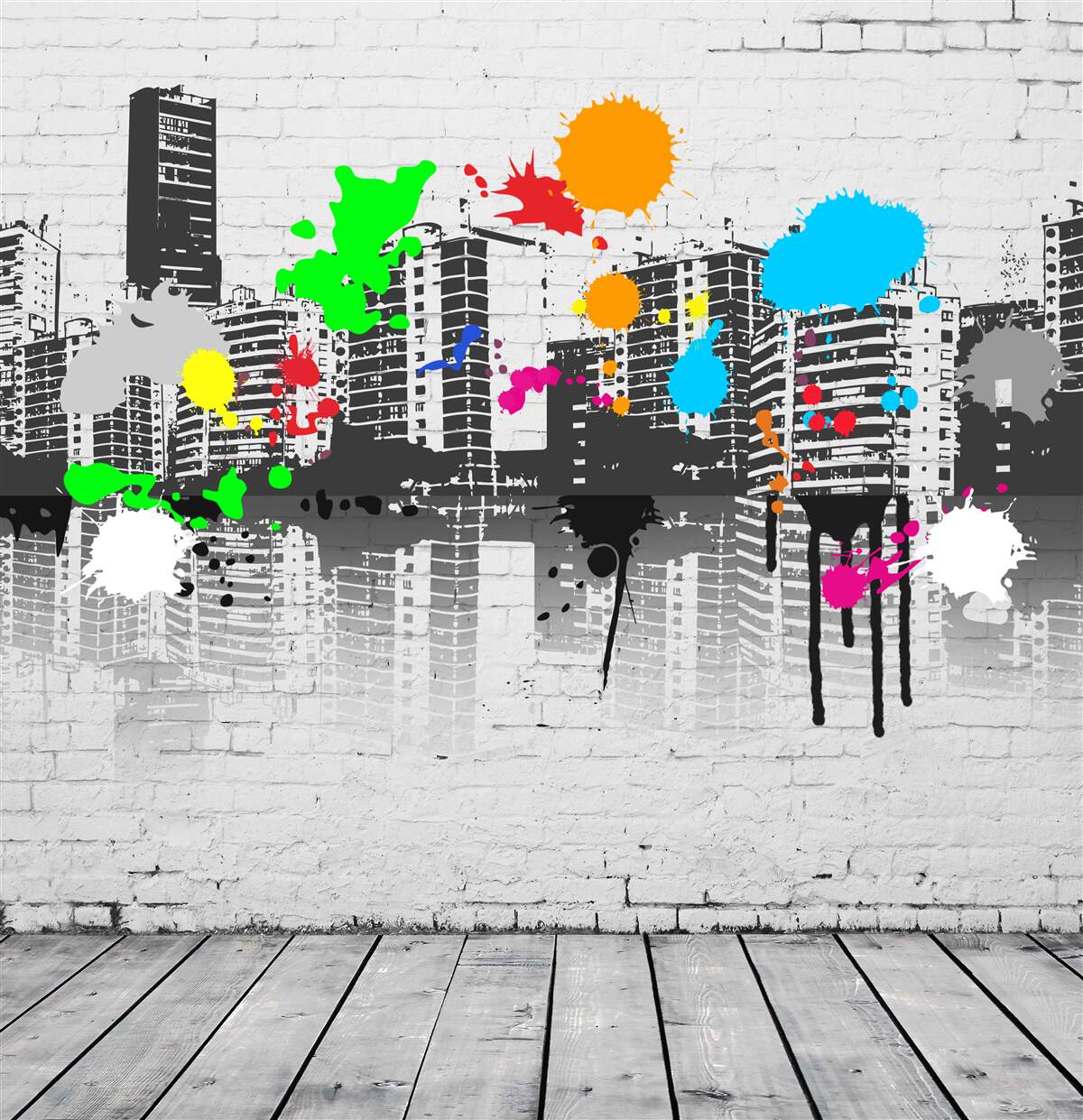 Fotobehang huizen versierd met heldere graffitivlekken