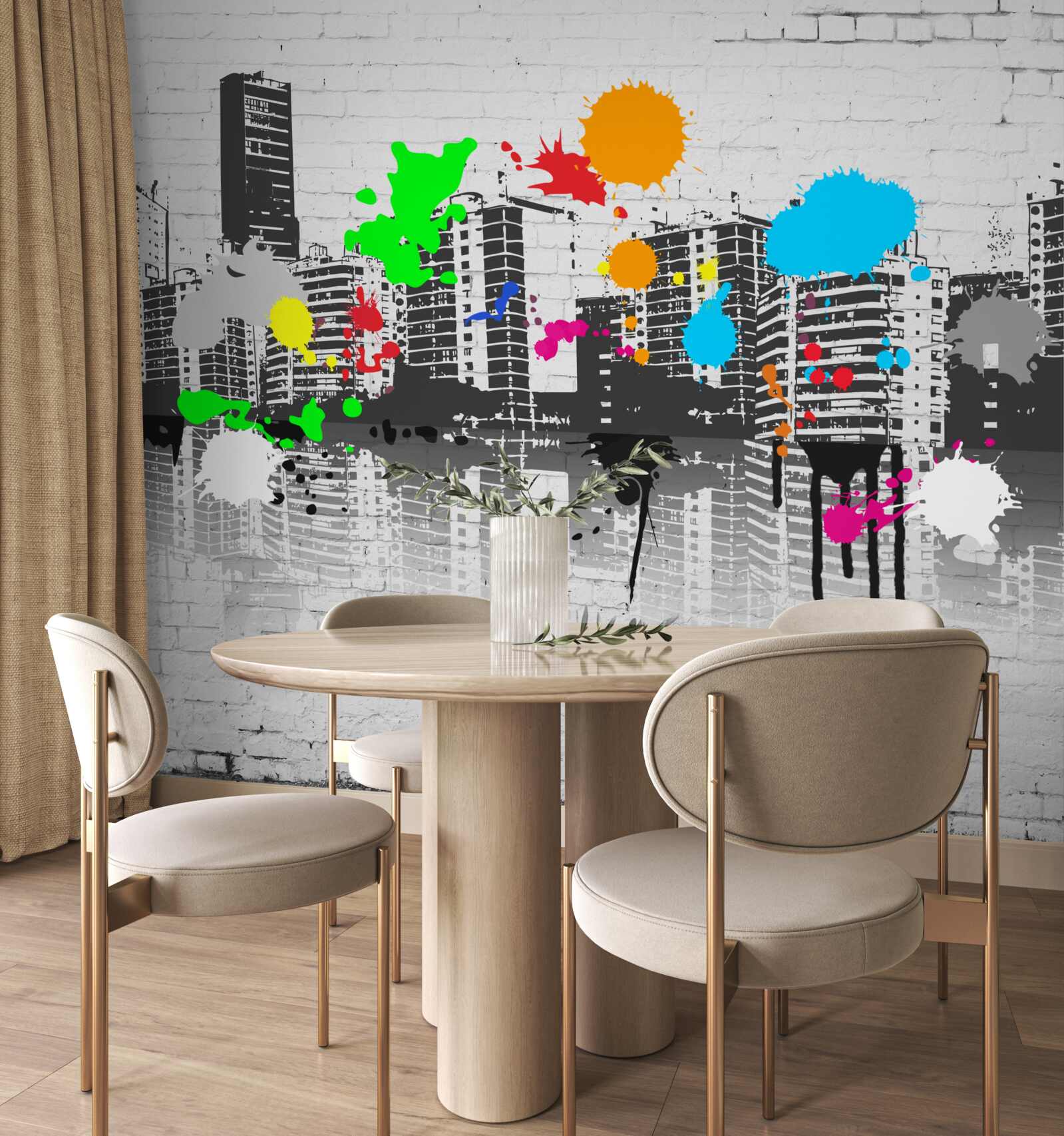 Fotobehang huizen versierd met heldere graffitivlekken