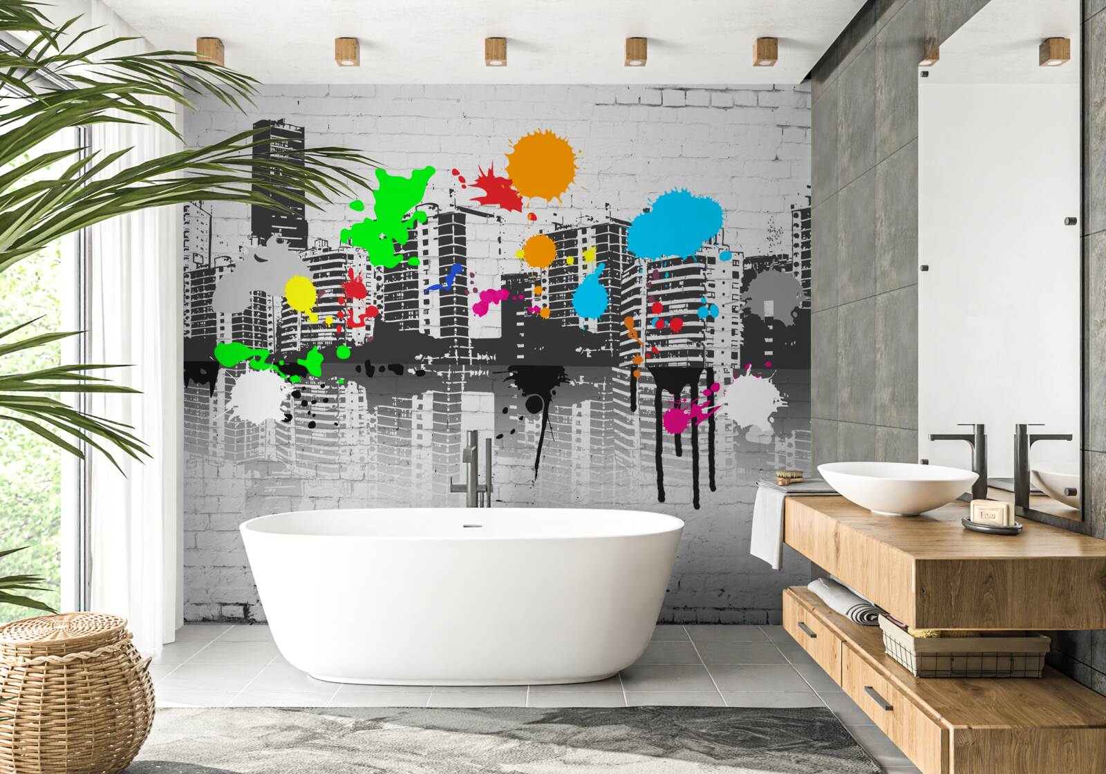 Fotobehang huizen versierd met heldere graffitivlekken