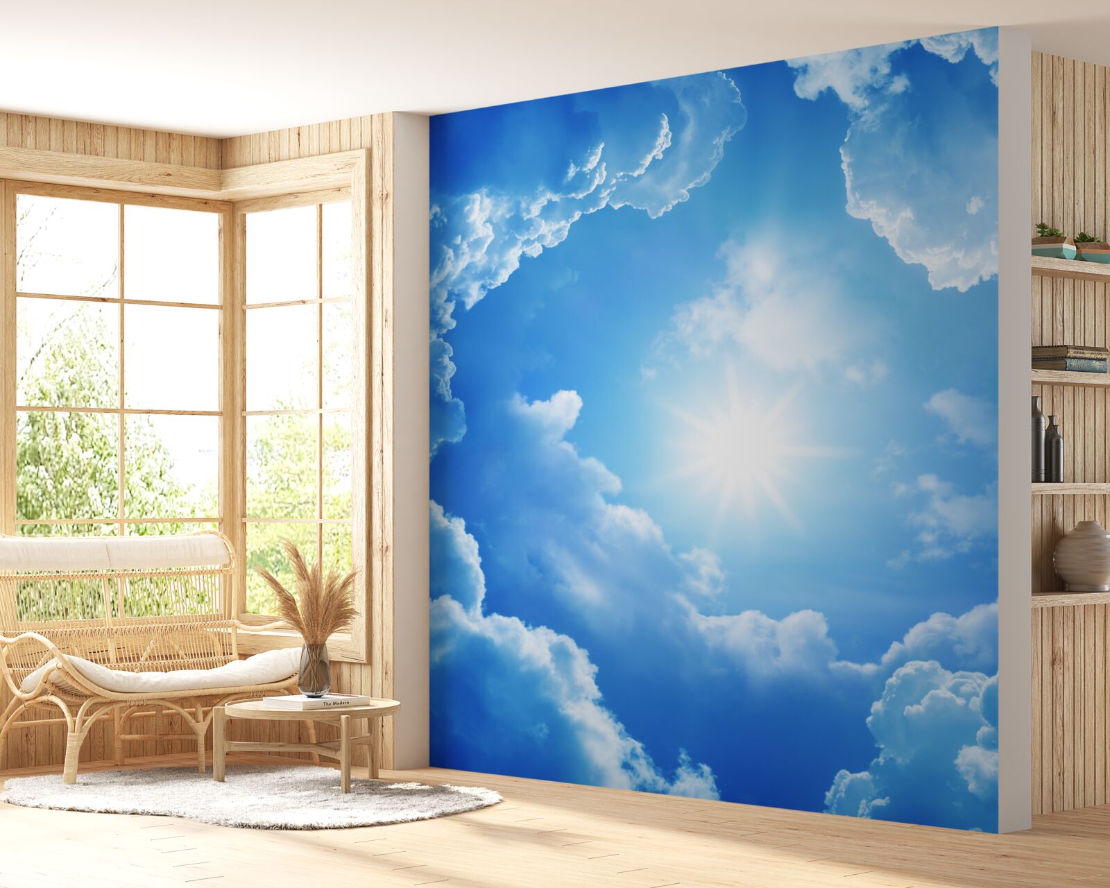 Fotobehang De stralende zon staat in het midden van een azuurblauwe hemel