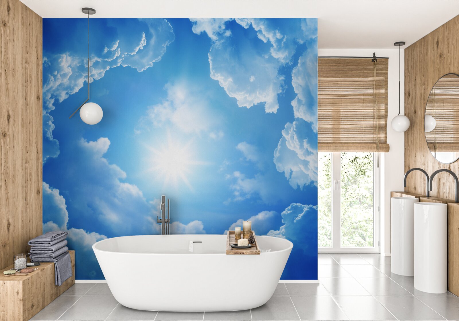 Fotobehang De stralende zon staat in het midden van een azuurblauwe hemel