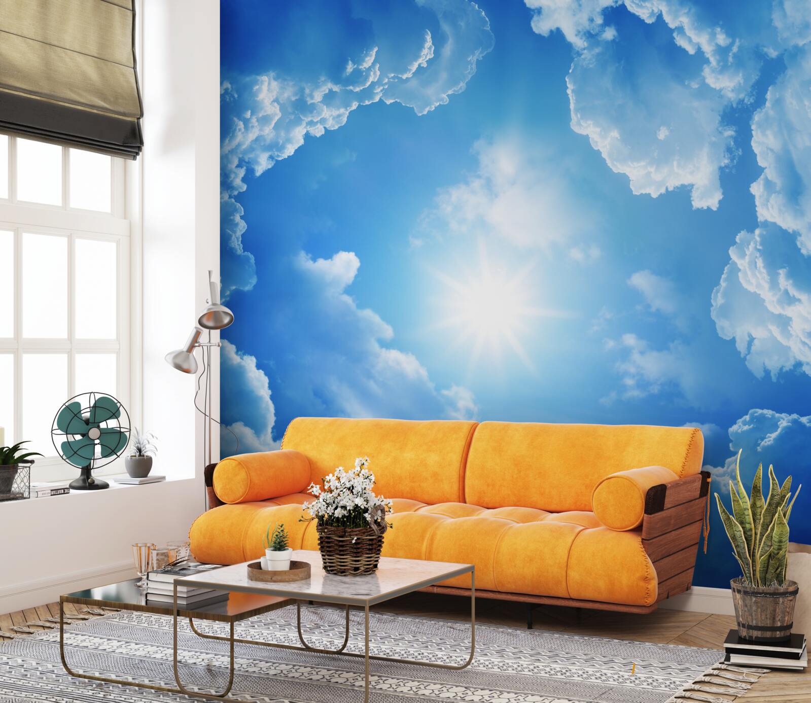 Fotobehang De stralende zon staat in het midden van een azuurblauwe hemel