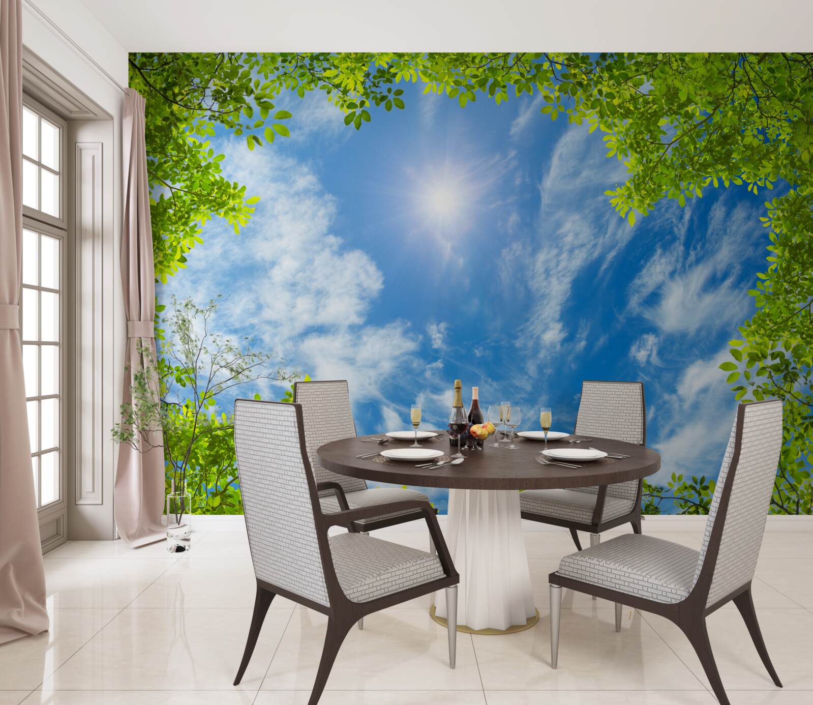 Fotobehang het groen waarin de zon is begraven en het blauw van de lucht