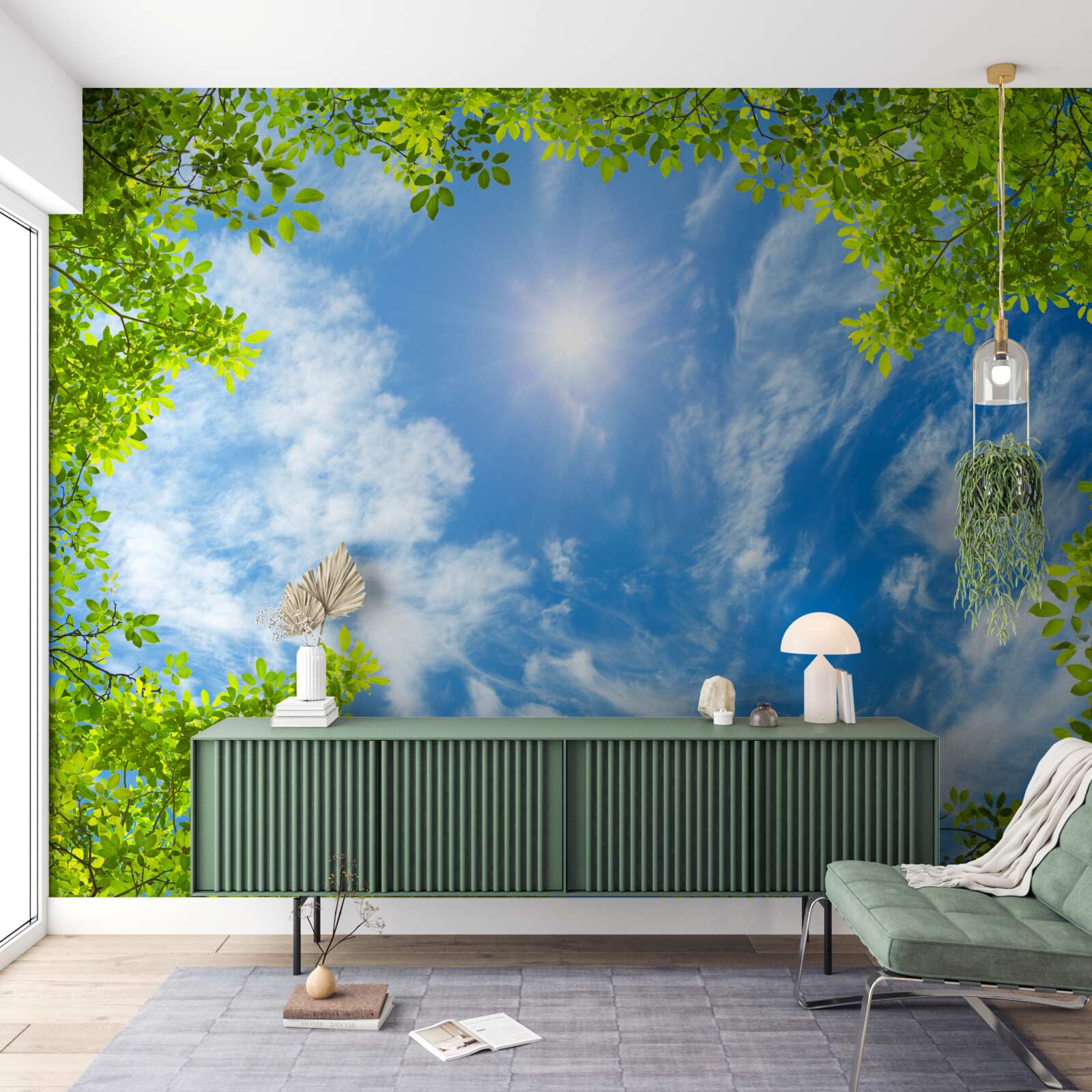 Fotobehang het groen waarin de zon is begraven en het blauw van de lucht