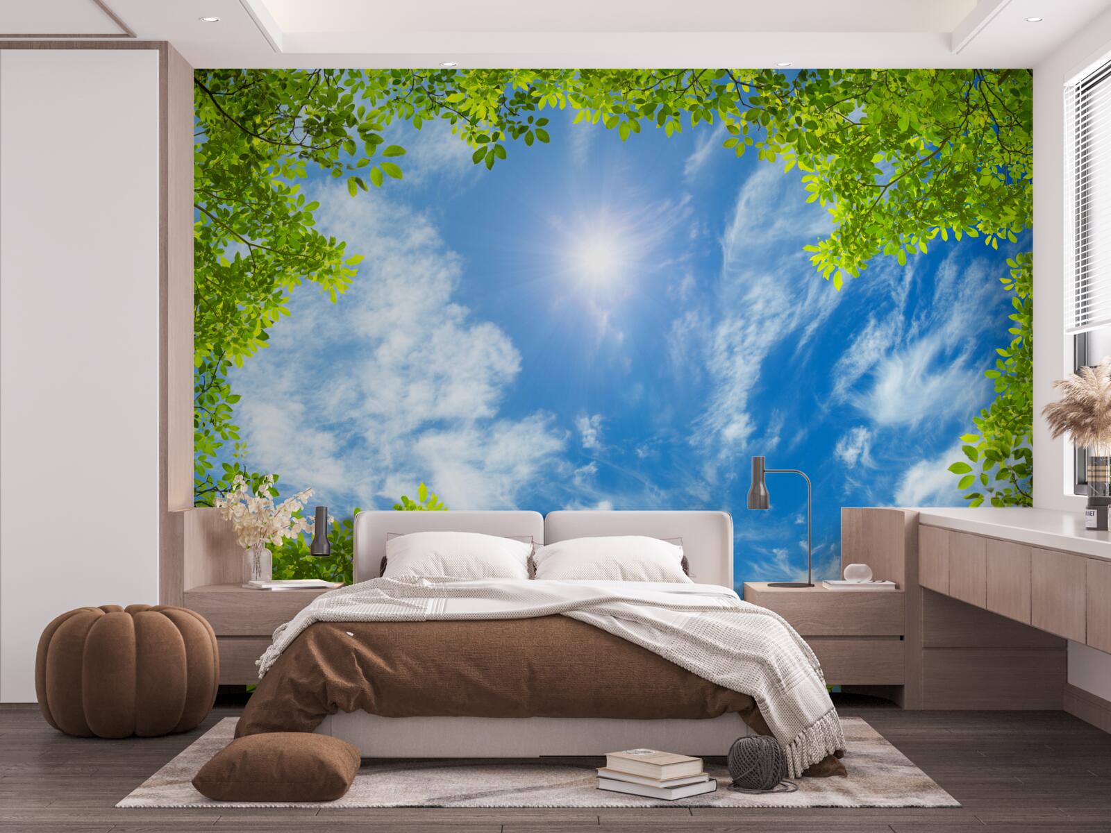 Fotobehang het groen waarin de zon is begraven en het blauw van de lucht