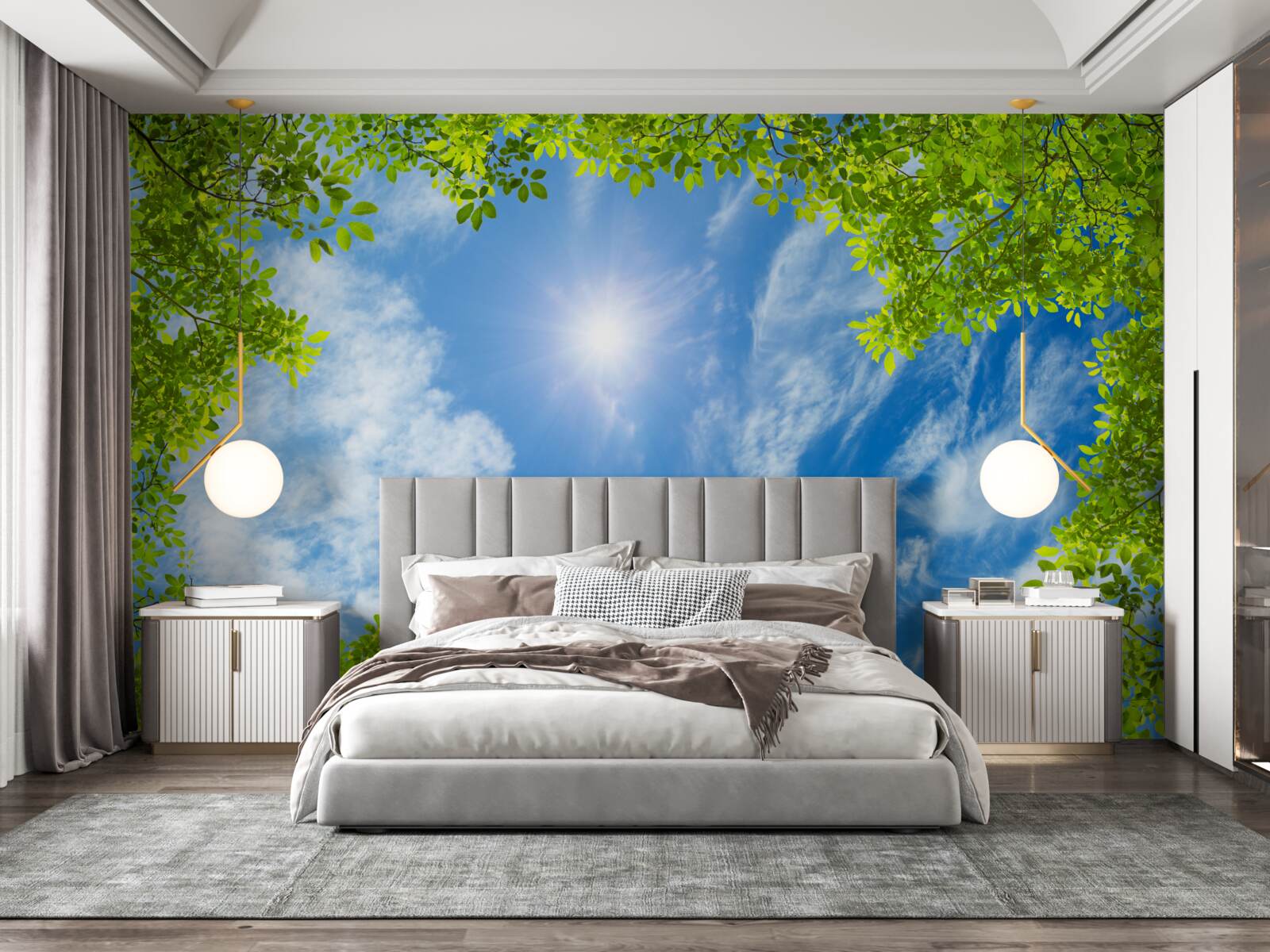 Fotobehang het groen waarin de zon is begraven en het blauw van de lucht