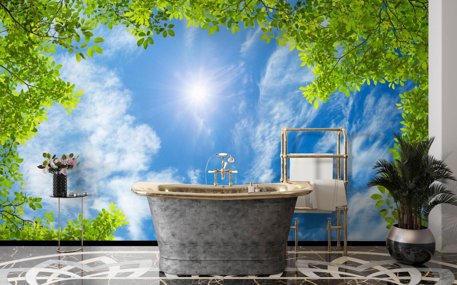 Fotobehang het groen waarin de zon is begraven en het blauw van de lucht