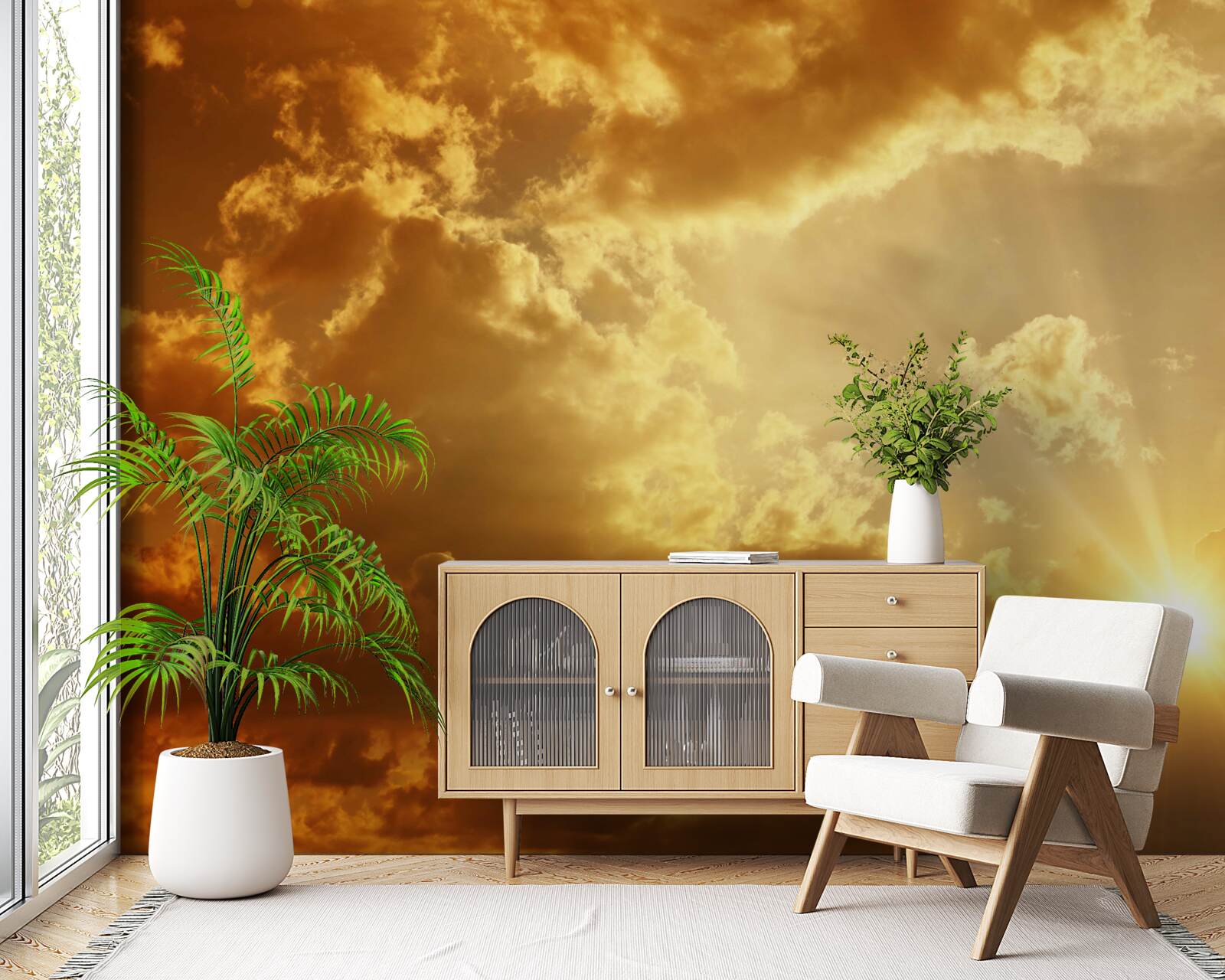 Fotobehang de zonnestralen die bij zonsondergang door de wolken prikken geven warmte af