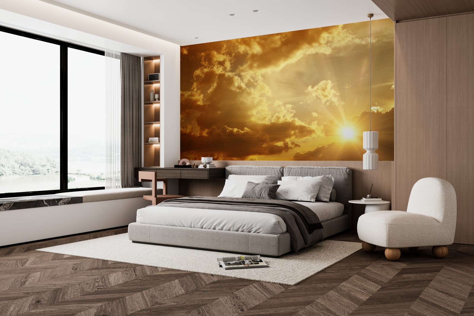 Fotobehang de zonnestralen die bij zonsondergang door de wolken prikken geven warmte af