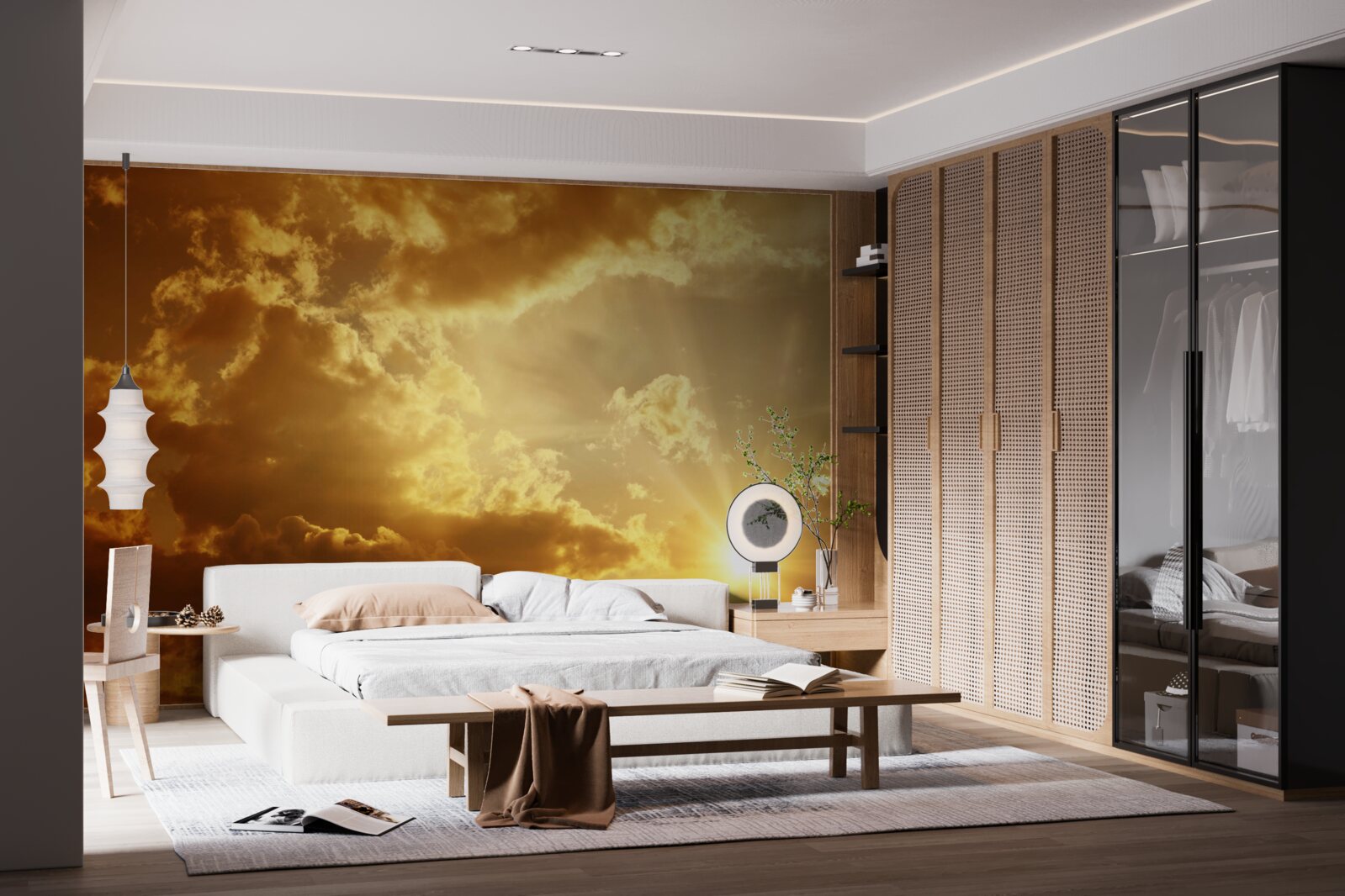 Fotobehang de zonnestralen die bij zonsondergang door de wolken prikken geven warmte af