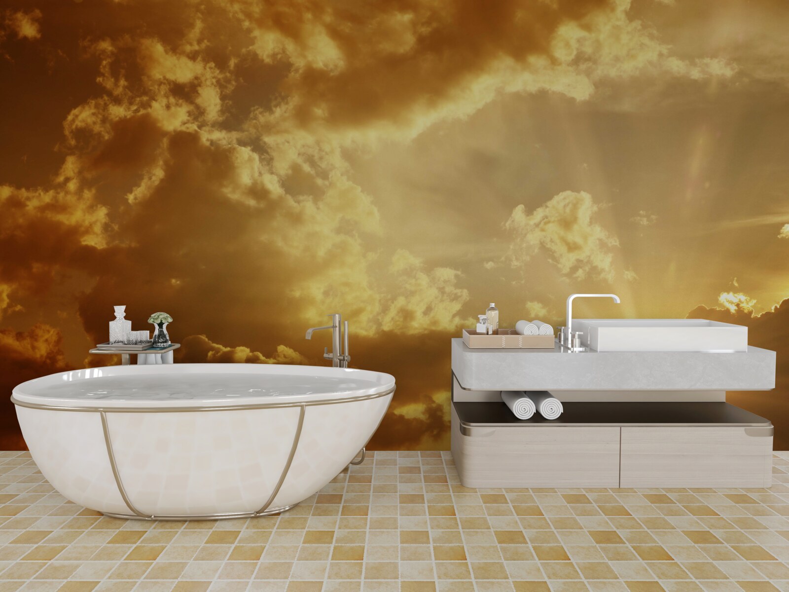 Fotobehang de zonnestralen die bij zonsondergang door de wolken prikken geven warmte af