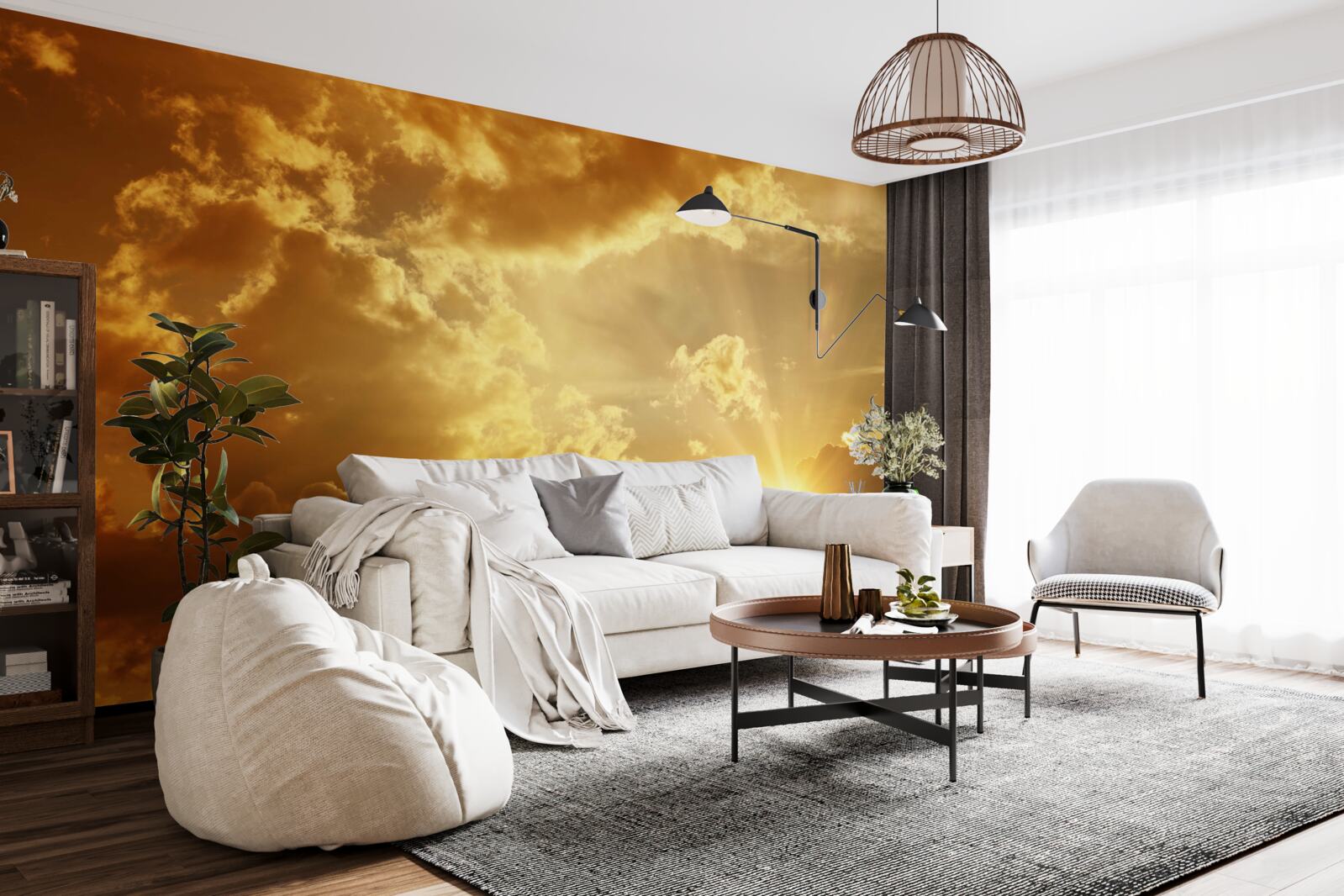 Fotobehang de zonnestralen die bij zonsondergang door de wolken prikken geven warmte af