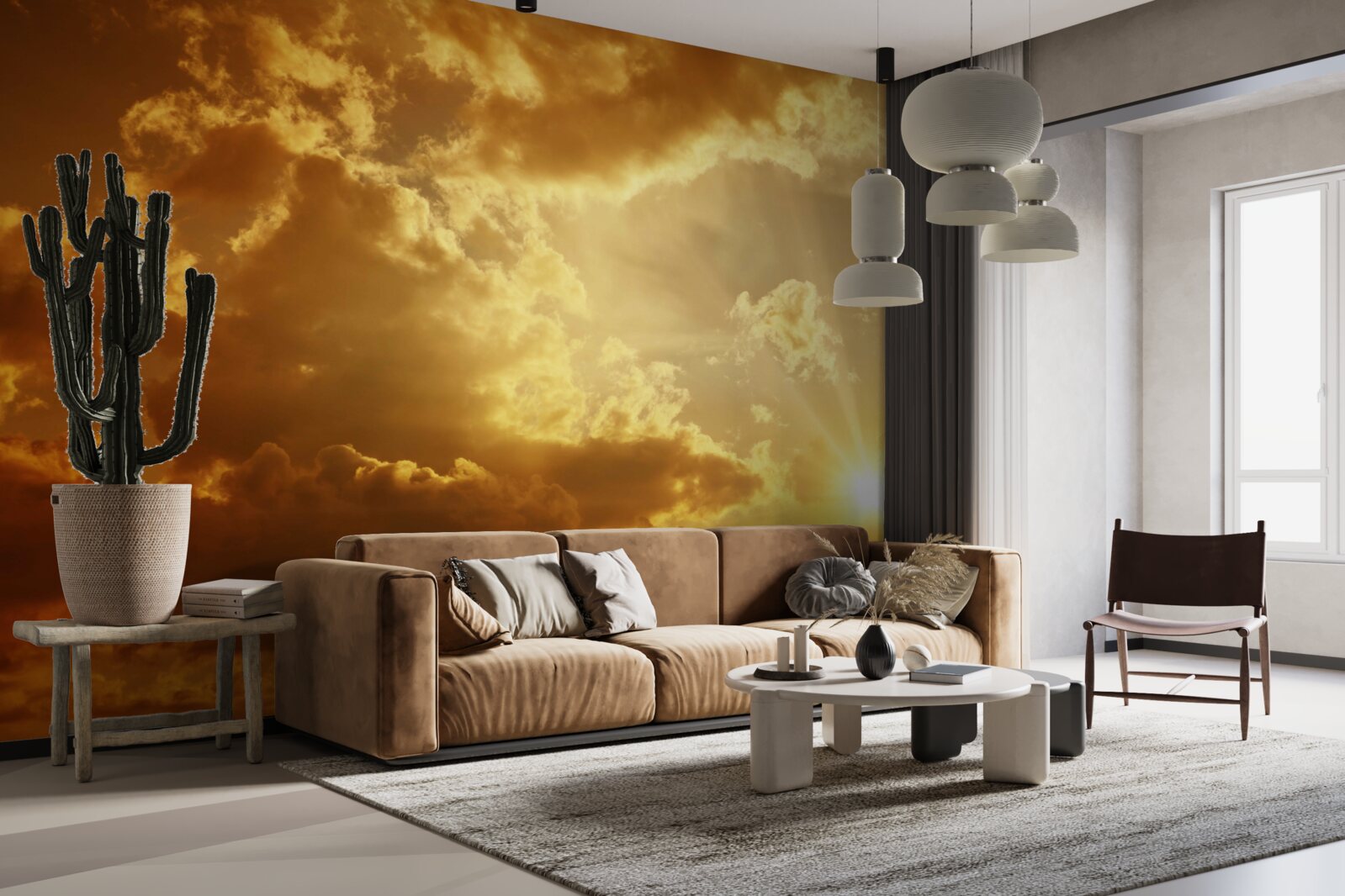 Fotobehang de zonnestralen die bij zonsondergang door de wolken prikken geven warmte af