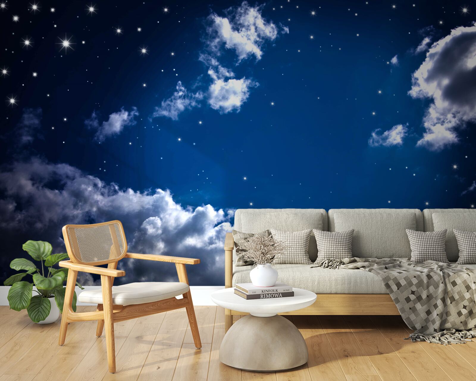 Fotobehang de nachtelijke hemel schittert helder met wolken en sterren