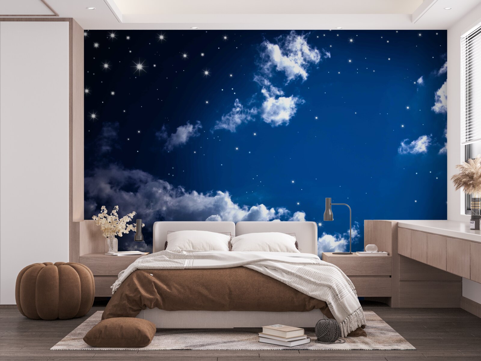 Fotobehang de nachtelijke hemel schittert helder met wolken en sterren