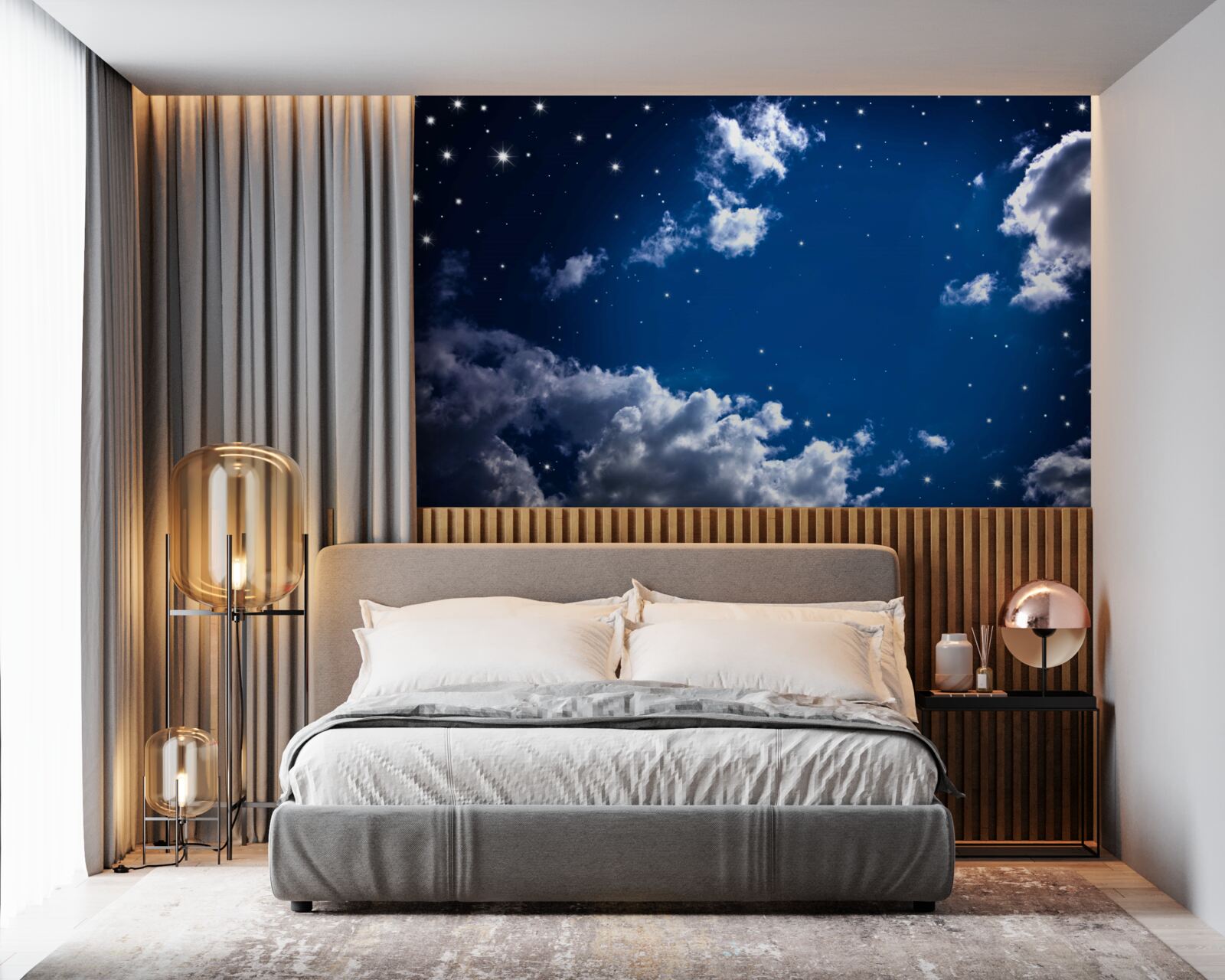 Fotobehang de nachtelijke hemel schittert helder met wolken en sterren