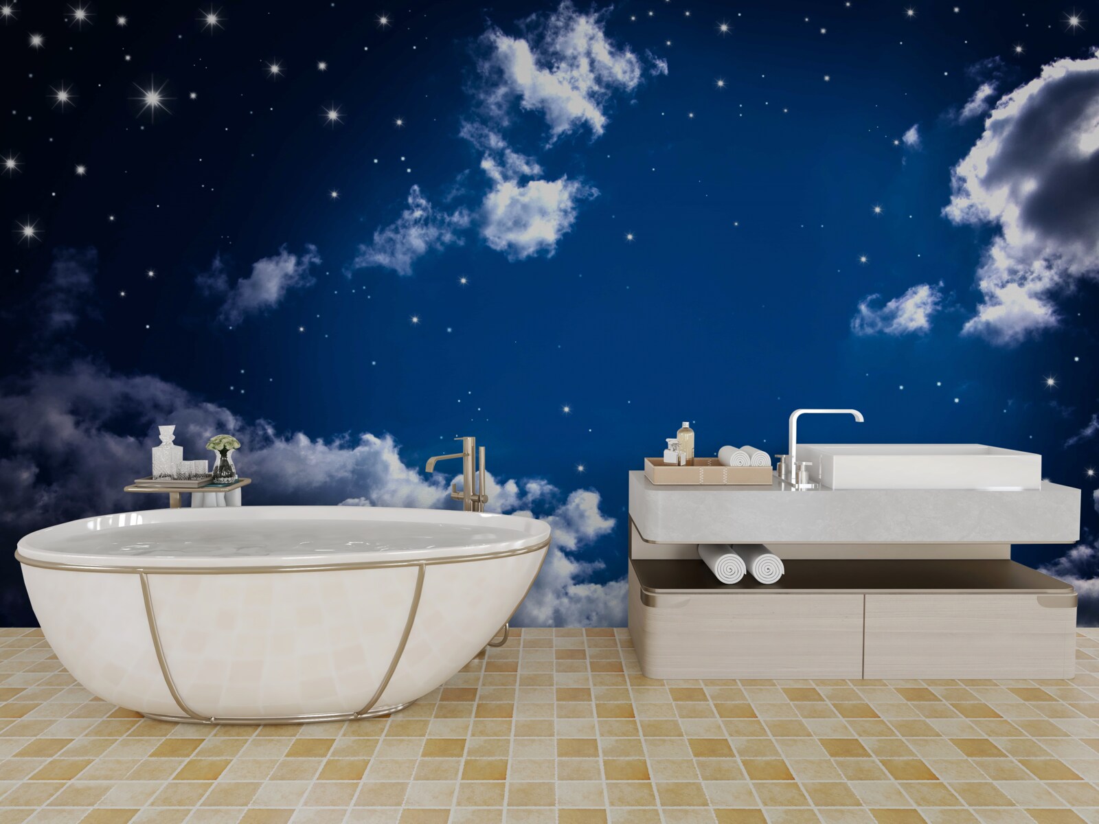 Fotobehang de nachtelijke hemel schittert helder met wolken en sterren