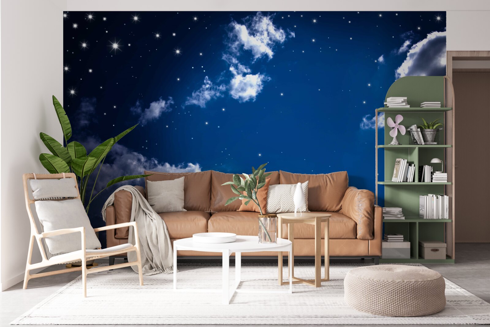 Fotobehang de nachtelijke hemel schittert helder met wolken en sterren