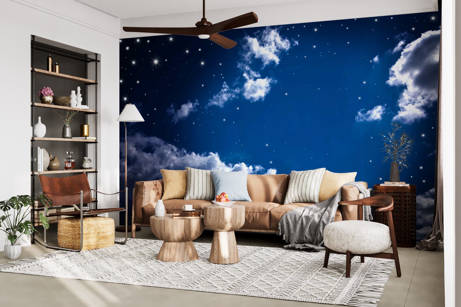 Fotobehang de nachtelijke hemel schittert helder met wolken en sterren