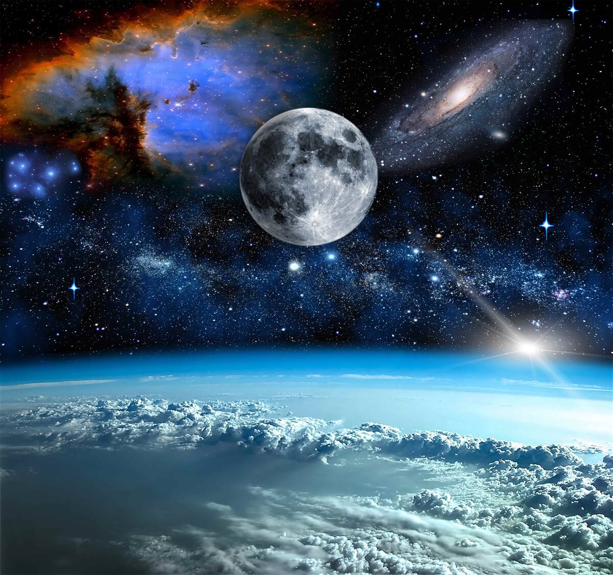 Fotobehang de maan en het universum zijn boven de wolken