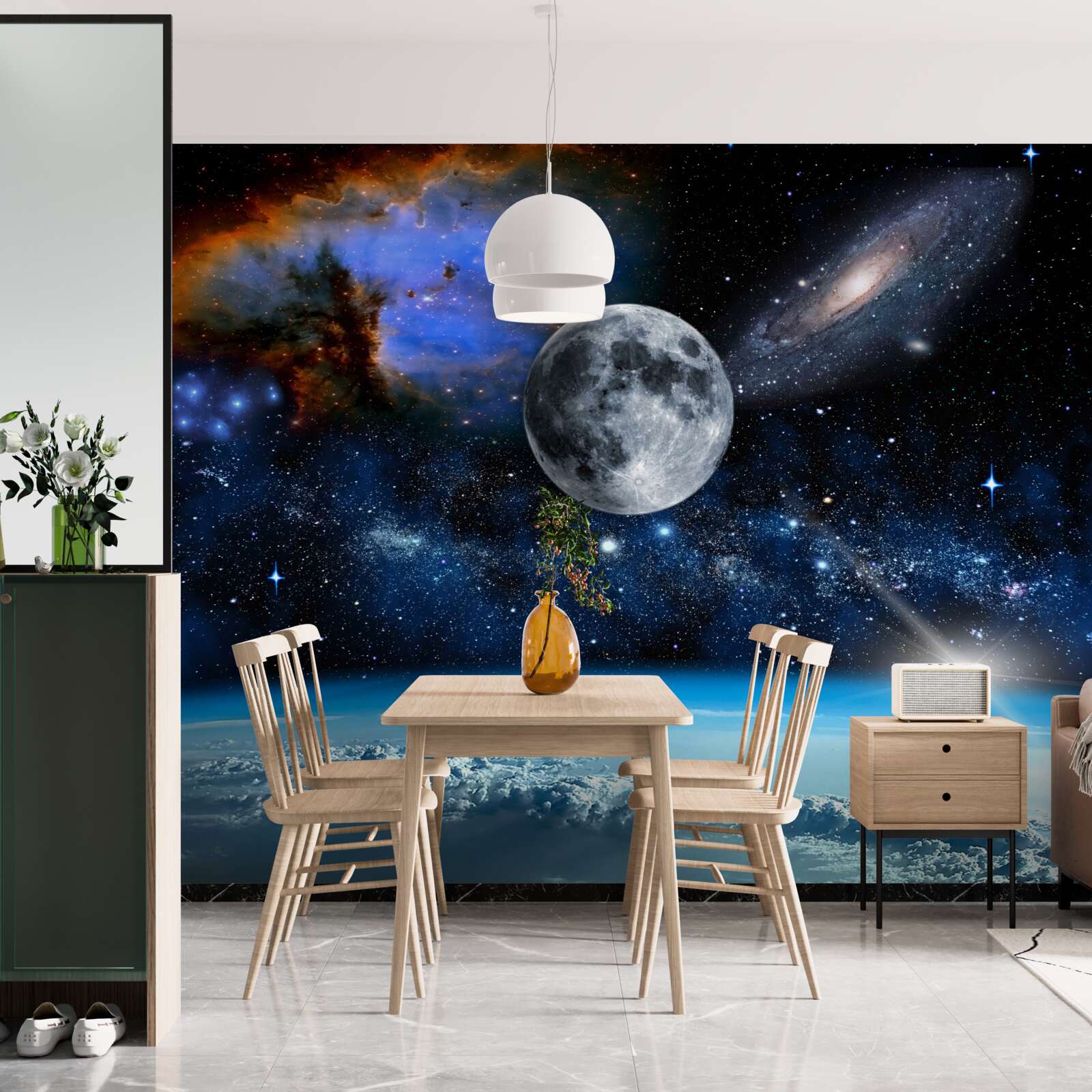 Fotobehang de maan en het universum zijn boven de wolken