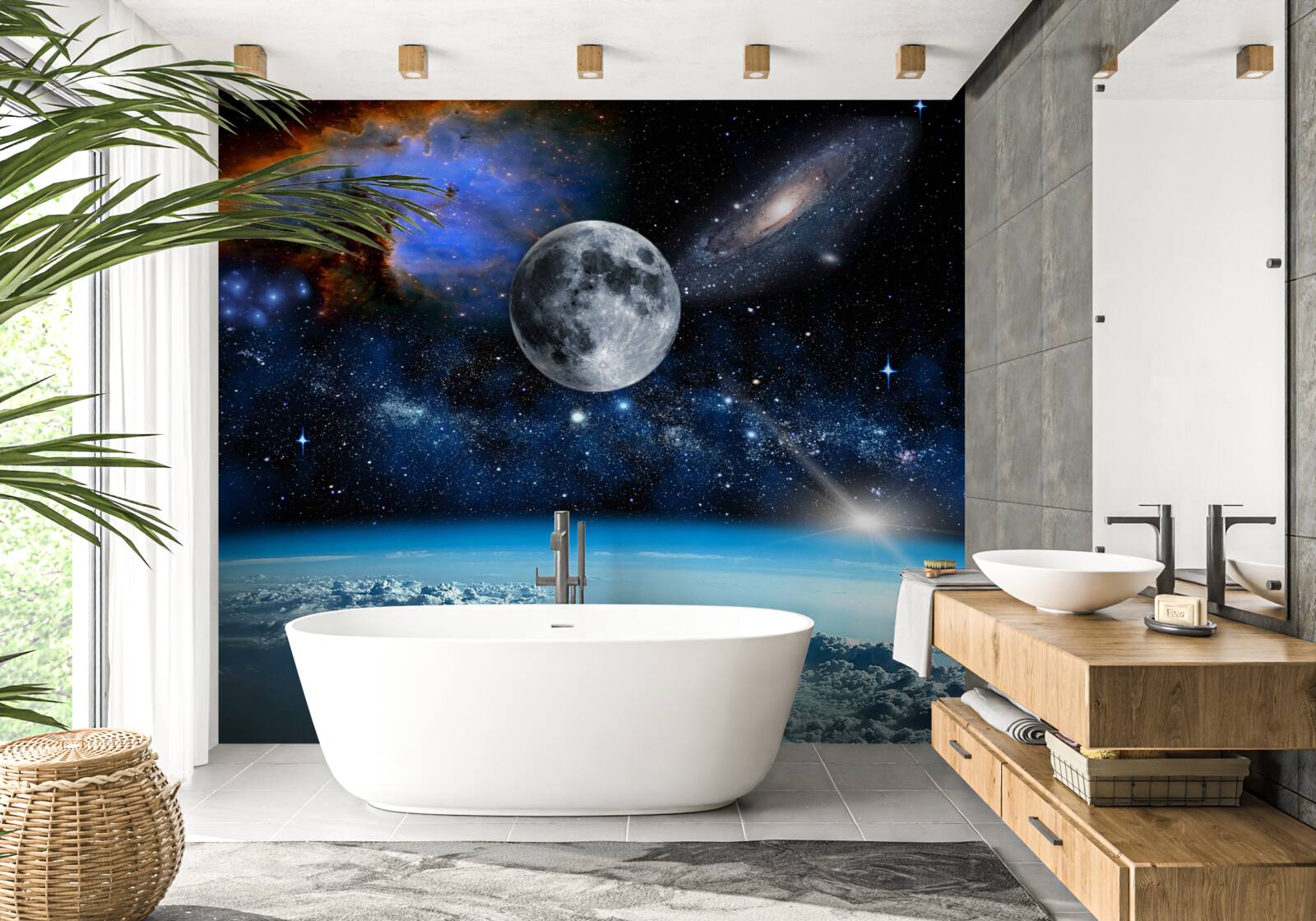 Fotobehang de maan en het universum zijn boven de wolken